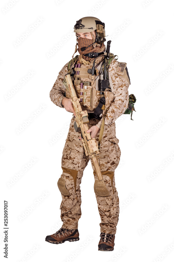 Special forces soldier with rifle on white background. army, military and people concept Special forces soldier with rifle on white background. army, military and people concept