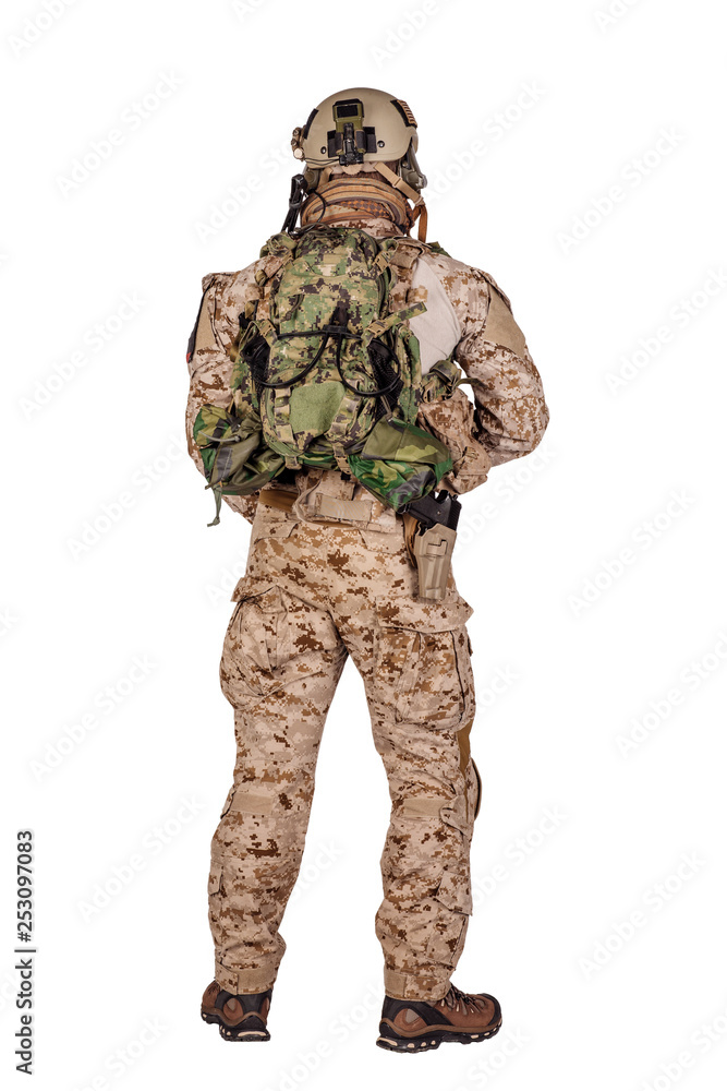 Special forces soldier with rifle on white background. army, military and people concept Special forces soldier with rifle on white background. army, military and people concept