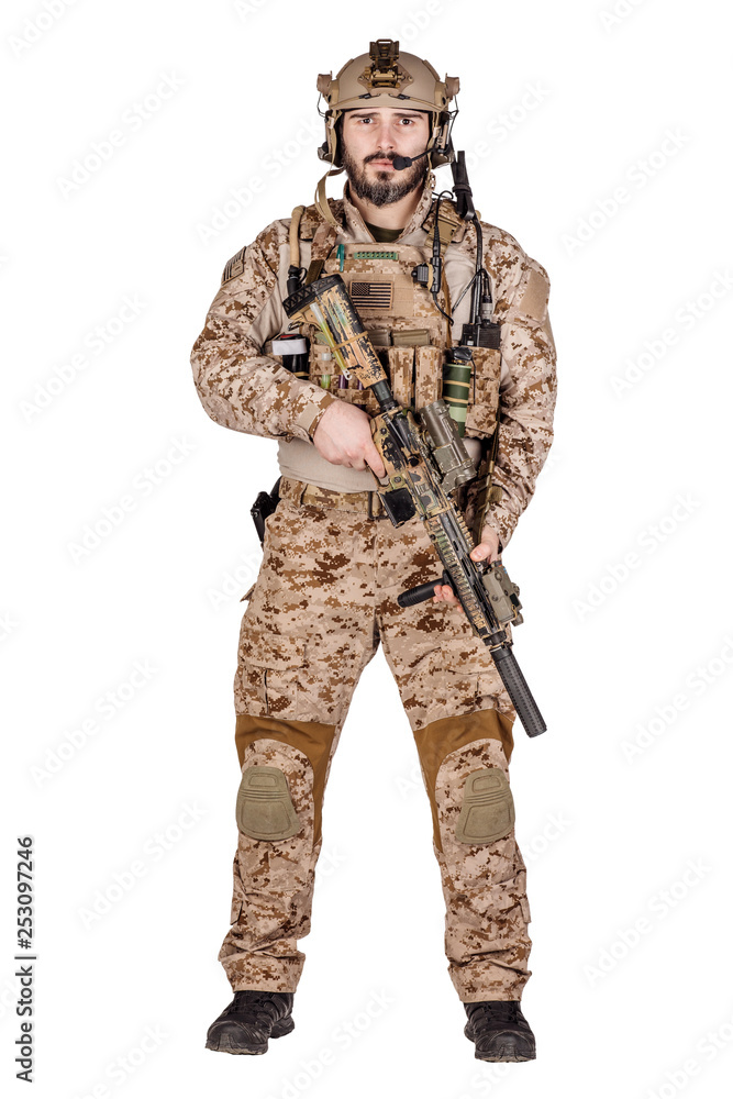 Special forces soldier with rifle on white background. army, military and people concept Special forces soldier with rifle on white background. army, military and people concept