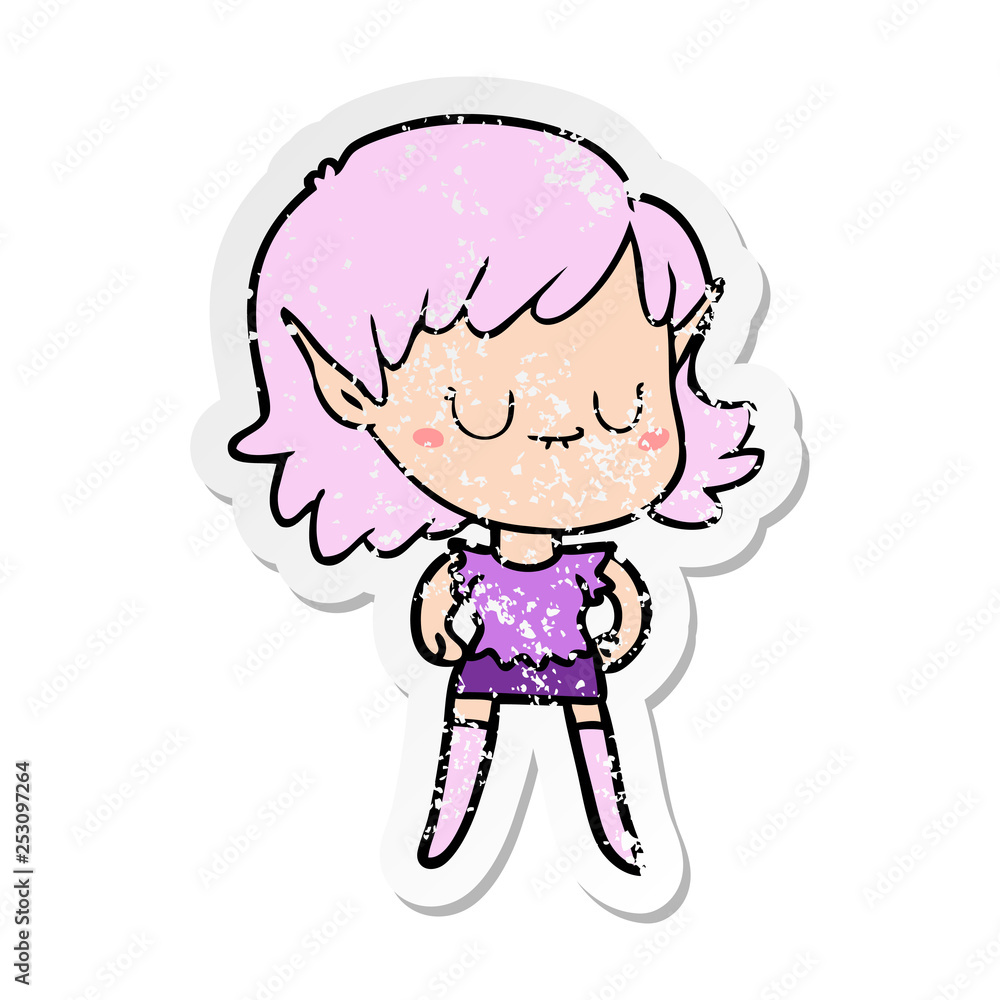 distressed sticker of a happy cartoon elf girl distressed sticker of a happy cartoon elf girl