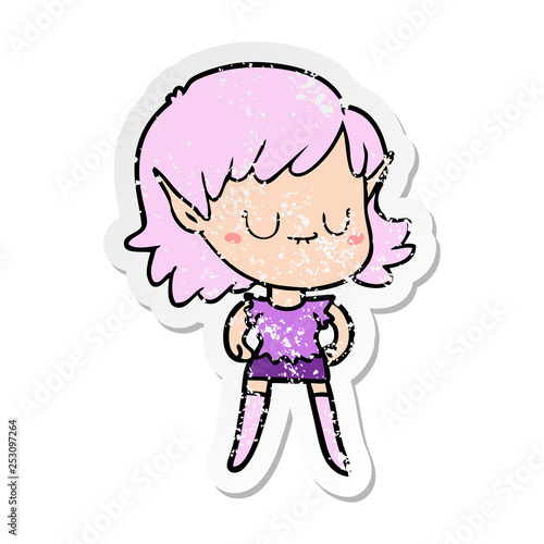 distressed sticker of a happy cartoon elf girl