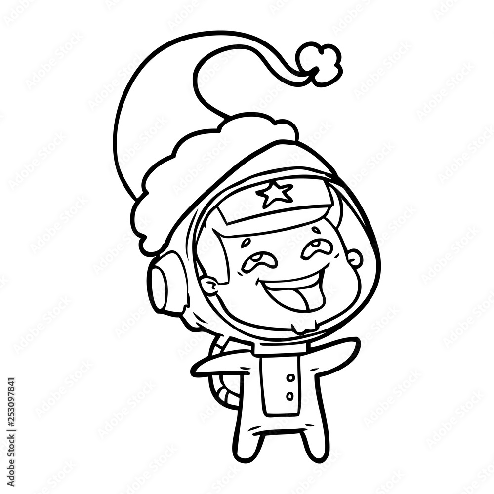 Obraz premium line drawing of a laughing astronaut wearing santa hat