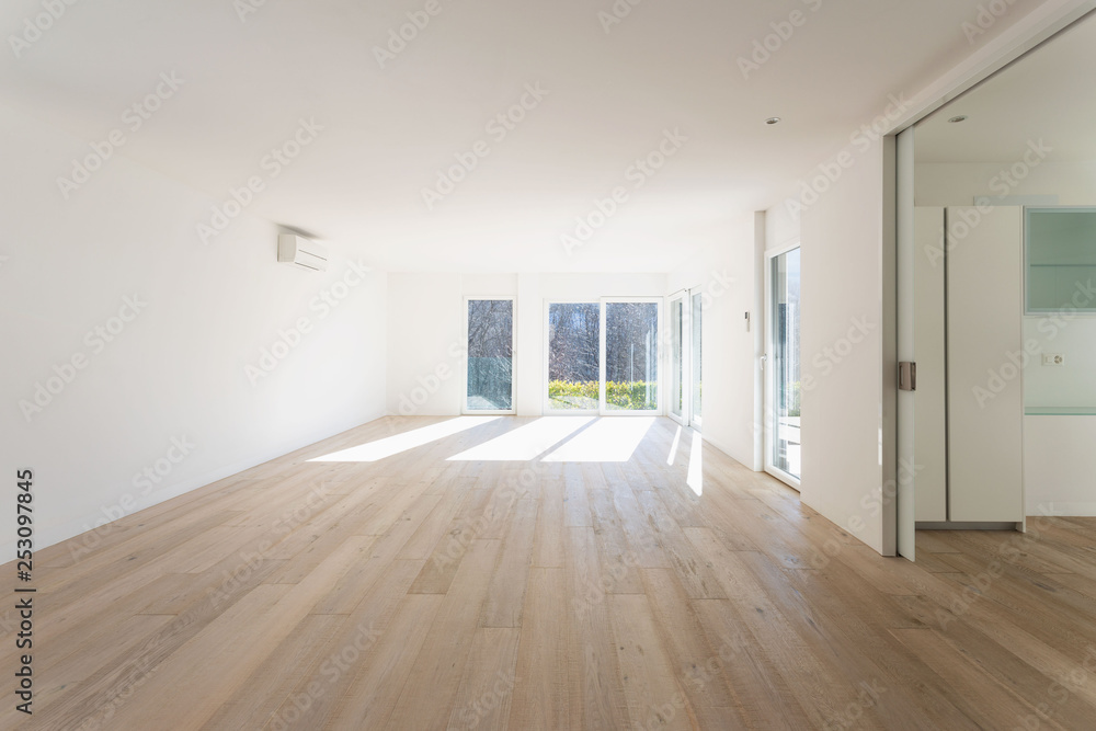 Fototapeta premium Empty white living room interior with parquet