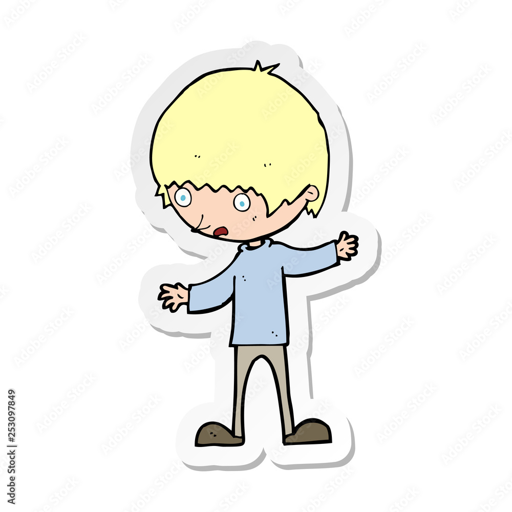sticker of a cartoon boy with outstretched arms sticker of a cartoon boy with outstretched arms