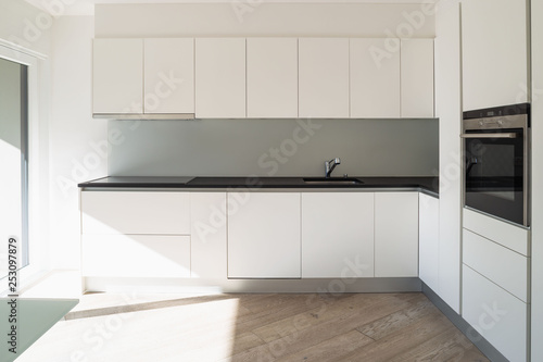 White minimalist modern kitchen front view