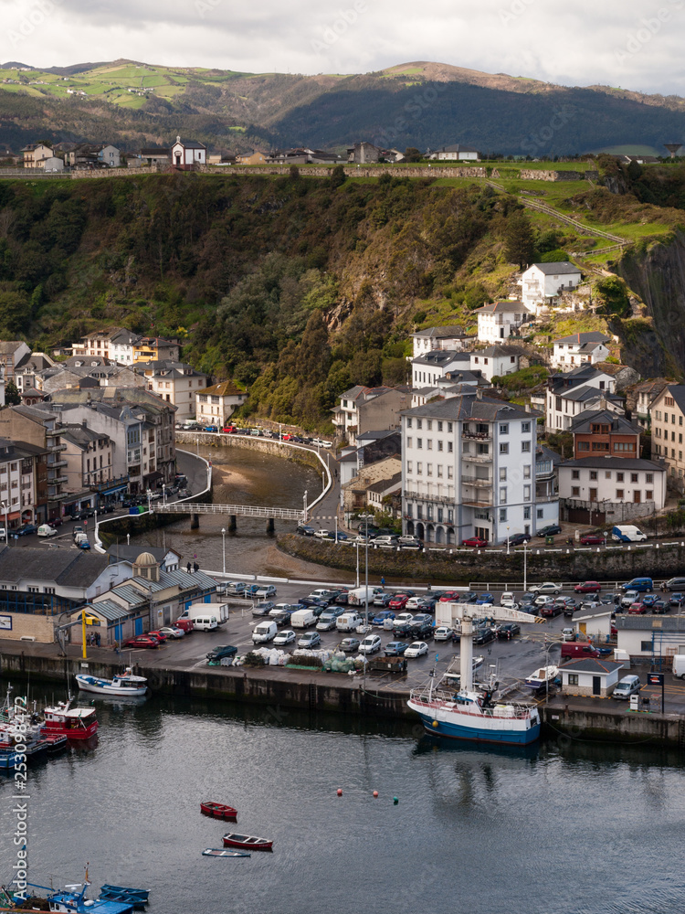 View of the touristic village of Luarca in Asturias (north of Spain) from viewpoint on a sunny day