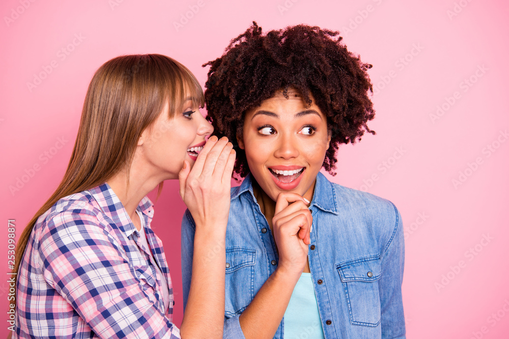 Close-up portrait of her she two person nice cute girlish lovely attractive charming cheerful girls wearing casual sharing rumour conspiracy message isolated over pink pastel background Close-up portrait of her she two person nice cute girlish lovely attractive charming cheerful girls wearing casual sharing rumour conspiracy message isolated over pink pastel background