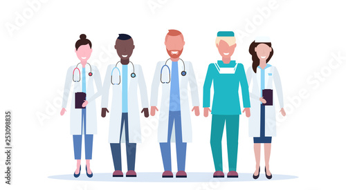 mix race group of medical doctors team in uniform standing together hospital medical clinic workers full length flat horizontal white background