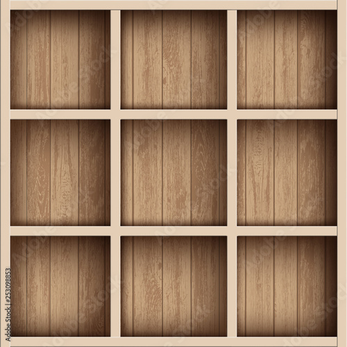 Wooden empty bookshelf or tool box. Shelves for the warehouse