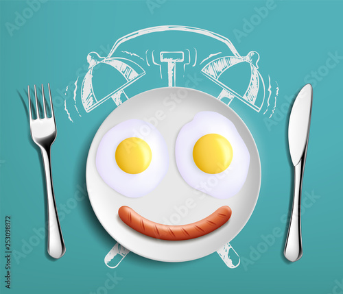 Breakfast time. Fried eggs on the plate as an alarm clock.
