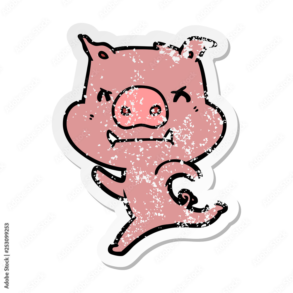 distressed sticker of a angry cartoon pig charging distressed sticker of a angry cartoon pig charging