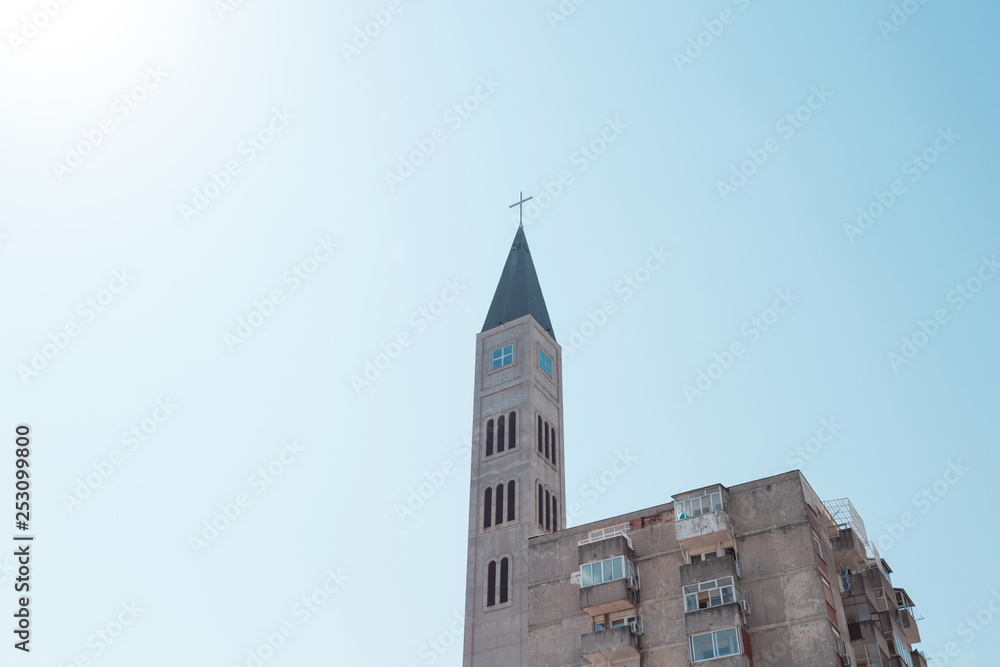 Vertical image of Mostar Peace Bell Tower (Mostarski Zvonik Mira) in Bosnia and Herzegovina  made from the bottom up. - Image