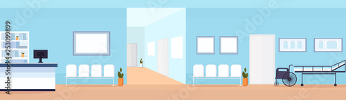 hospital reception waiting hall with seats wheelchair and bed empty no people medical clinic interior horizontal banner flat