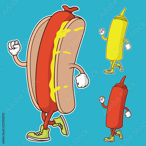 Hot dog running with ketchup and mustard vector illustration. Fast food, meal, hot dog, food, sports design concept