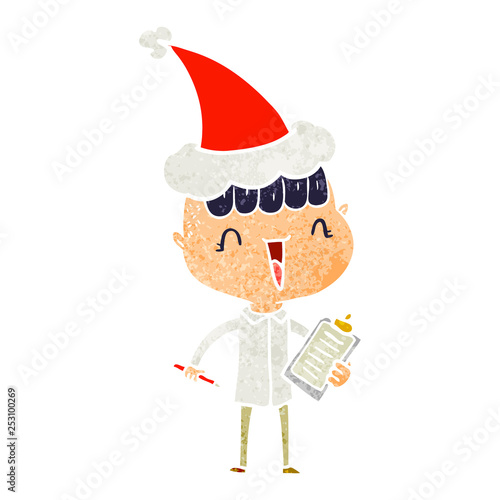 retro cartoon of a happy boy surprised wearing santa hat