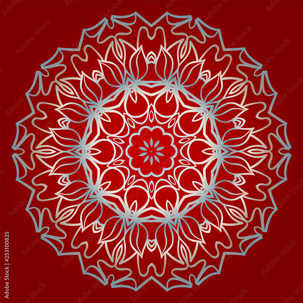 Beautiful Ornament. Floral Mandala Pattern. Vector Illustration. Isolated. Tribal Ethnic Ornament With Mandala. Home Decor Vector Illustration. Red silver color