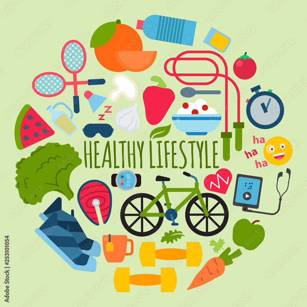 Vettoriale Stock Healthy lifestyle concept round pattern vector  illustration. Poster with sports equipment and healthy food. Diet and sport.  Idea of everyday activities such as fitness, cycling, running. | Adobe Stock
