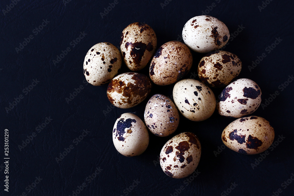 Quail eggs on black background. Quail eggs on black background.