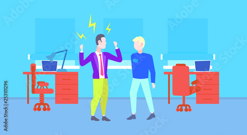 angry boss shouting at worker man reprimand of employer to employee bad job concept modern office interior full length flat horizontal