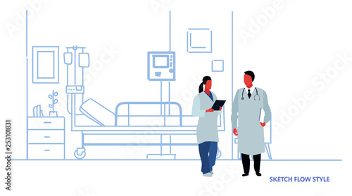 female male doctors in uniform discussing hospital room interior intensive therapy patient ward with bed couple clinic workers team full length sketch flow style horizontal
