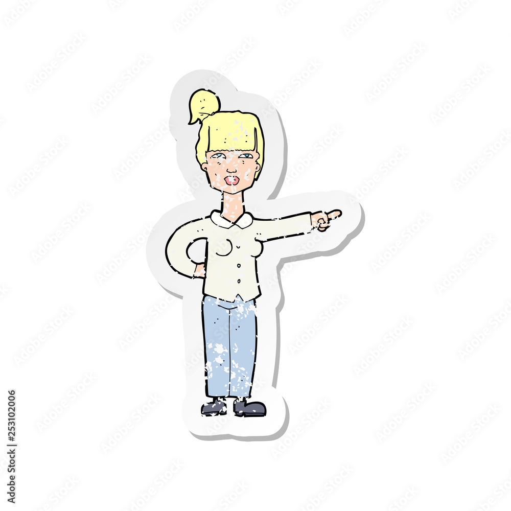retro distressed sticker of a cartoon woman pointing retro distressed sticker of a cartoon woman pointing
