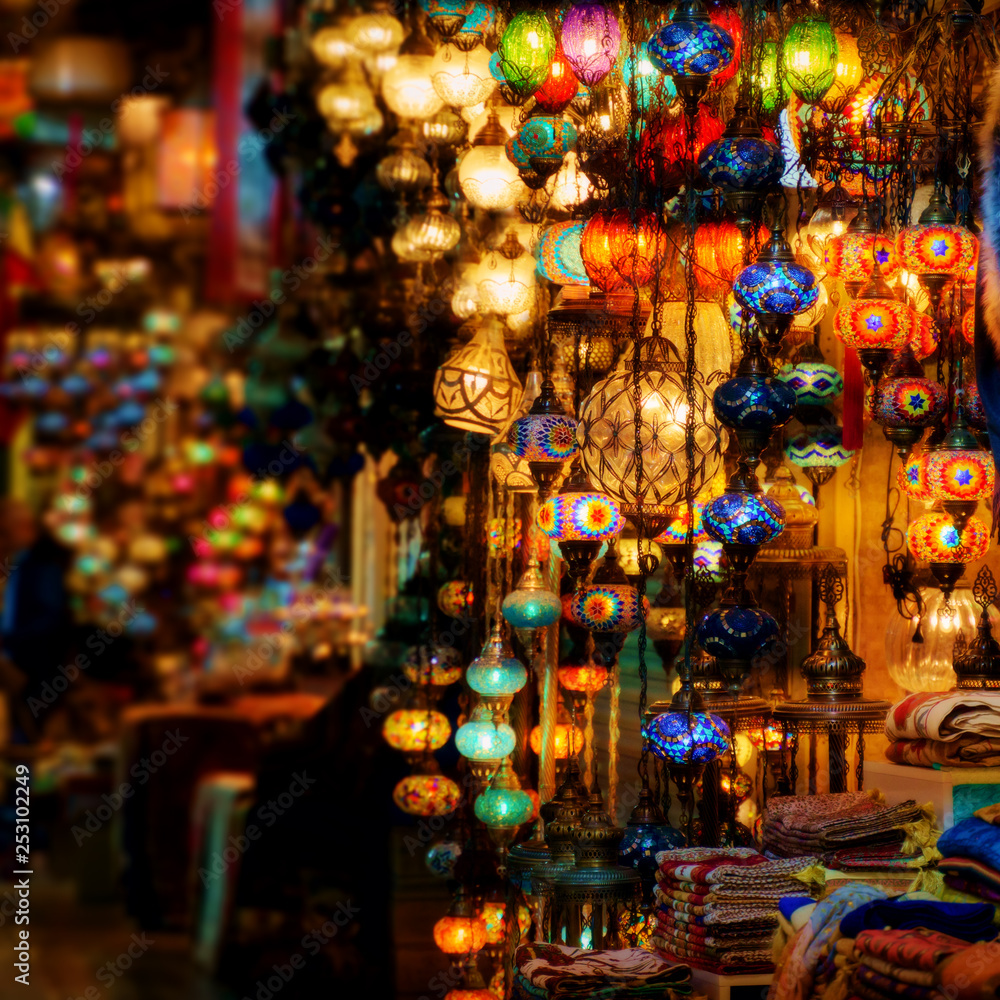 Turkish lanterns at Grand Bazaar in Istanbul city, Turkey. Colorful lamps