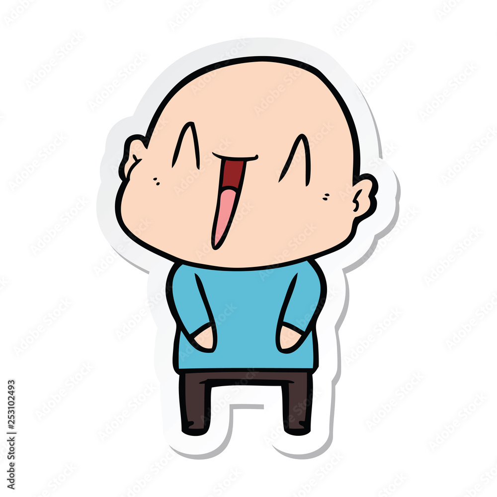 sticker of a happy cartoon bald man