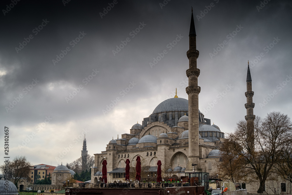 Suleymaniye Mosque in Istanbul, Turkey at rainy day