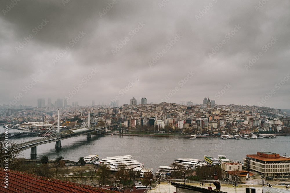 Aerial panorama view to Istanbul, Turkey. Dramatic sky over Bosporus