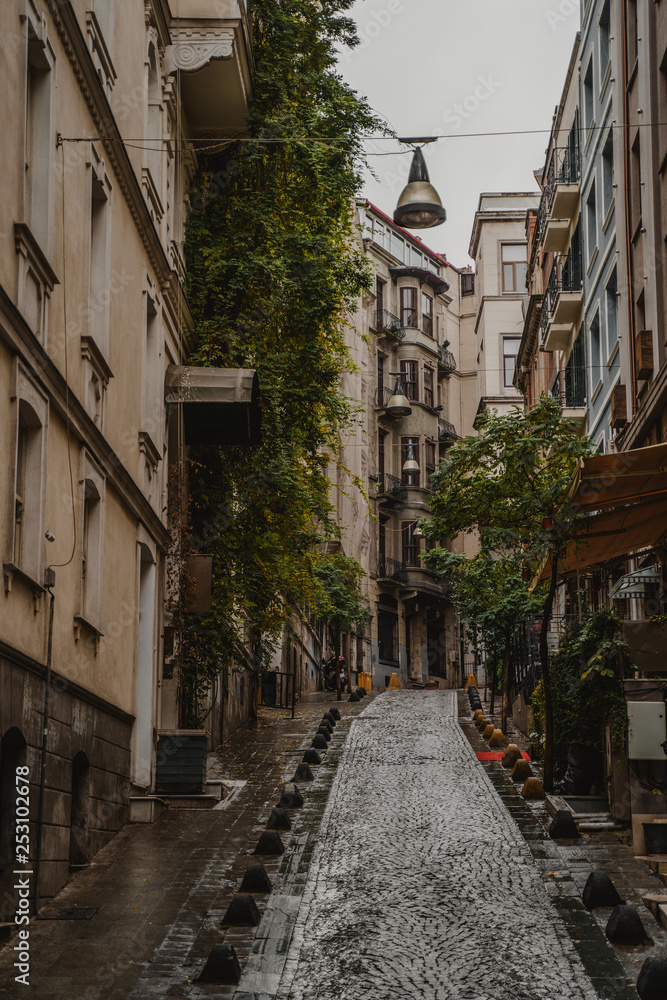 Fototapeta premium Narrow streets of old town district in Istanbul, Turkey at rainy day
