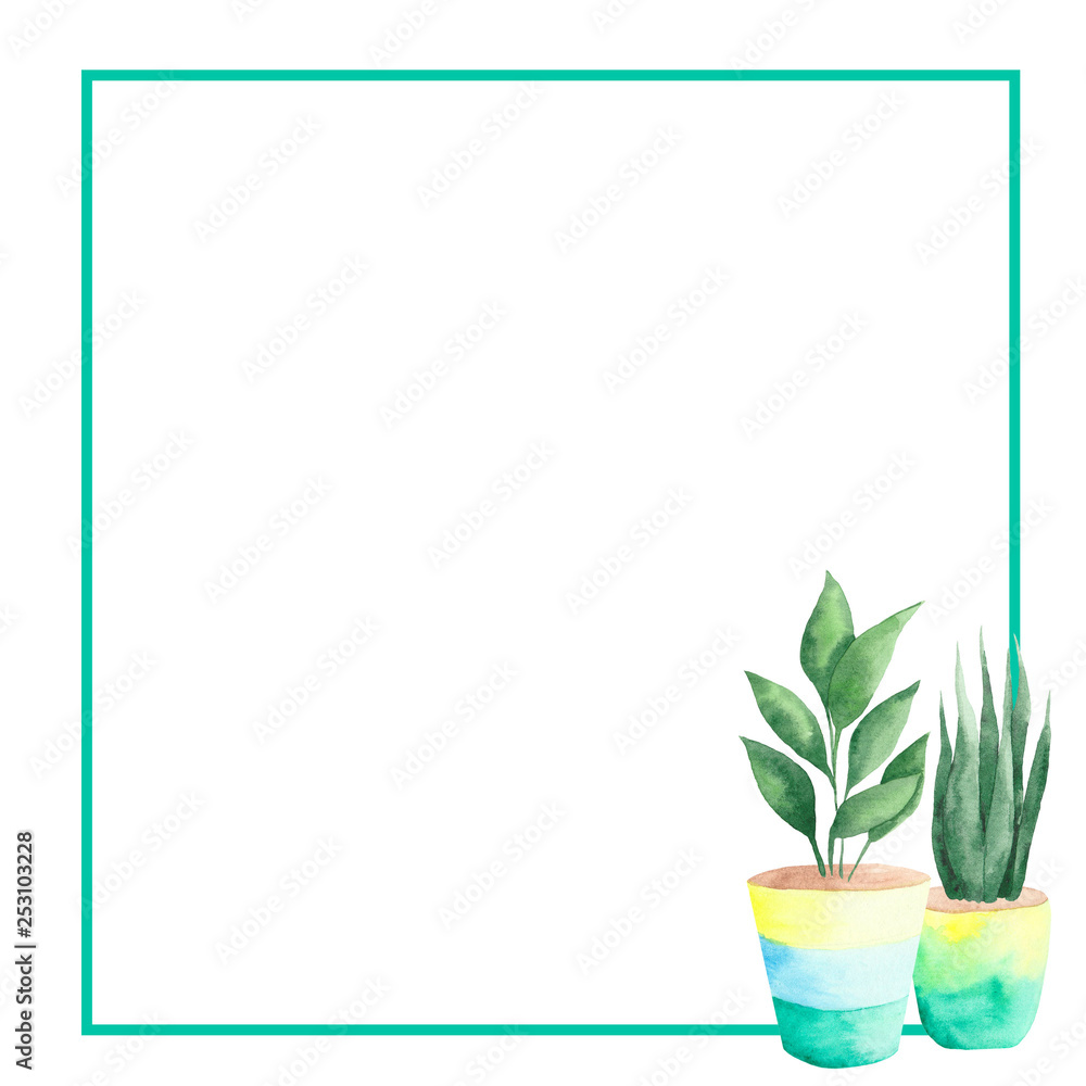 watercolor frame of home plants in flower pots watercolor frame of home plants in flower pots