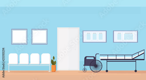 hospital waiting hall with seats bed and wheelchair medical equipment empty no people clinic interior horizontal flat