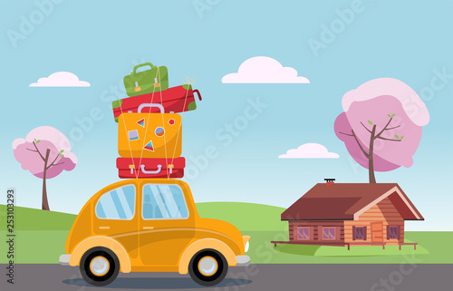 Spring road trip on small retro yellow car with colorful suitcases on the roof. Spring landscape with blooming trees and a wooden house on the background. Flat cartoon vector illustration.