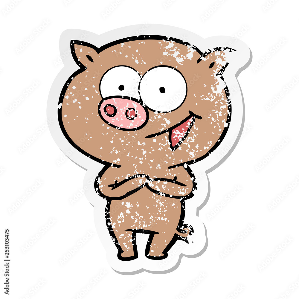distressed sticker of a cheerful pig cartoon distressed sticker of a cheerful pig cartoon