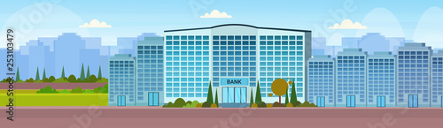 modern bank building facade with glass wall front view of financial institution entrance office exterior cityscape background horizontal banner