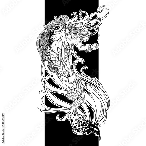 Triton saving a drowning fisherman. Gender reversed story about a little mermaid. Concept illustration. Black and white drawing isolated on black background. EPS10 vector illustration