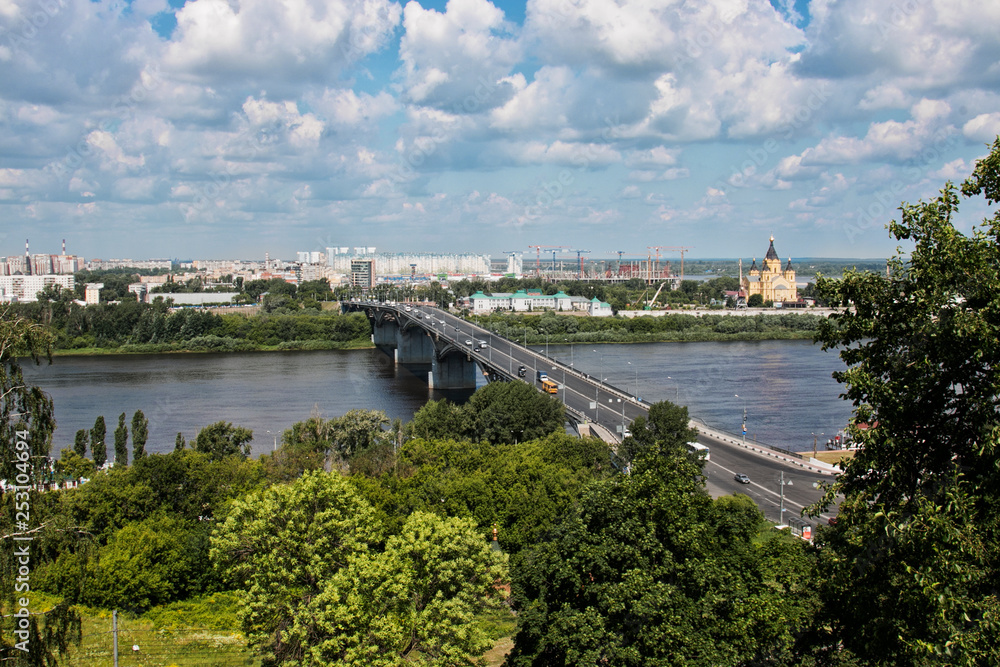 Urban landscape with a bridge and a river. Nizhny Novgorod