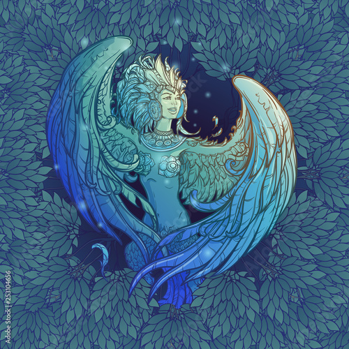 Sirin - half-woman half-bird in Russian myths and fairy tales. Singing and laughing. Intricate linear drawing isolated on ornate background with trees and night sky. Tattoo design. EPS10 vector.