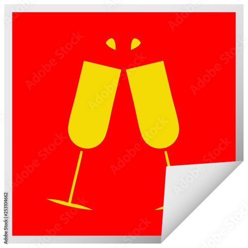 square peeling sticker cartoon clinking champagne flutes