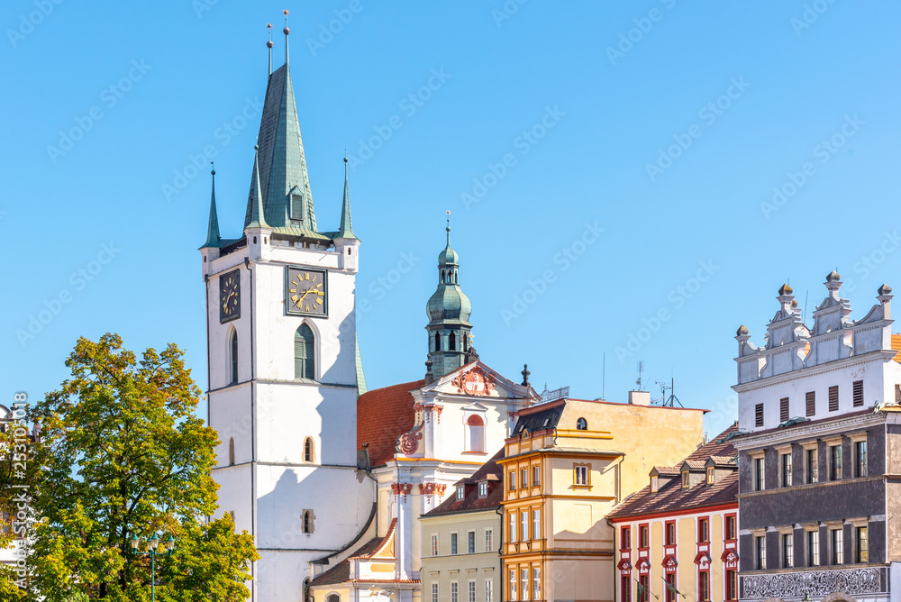 White tower of All Saints Church near main Peace square, Litomerice, Czech Republic