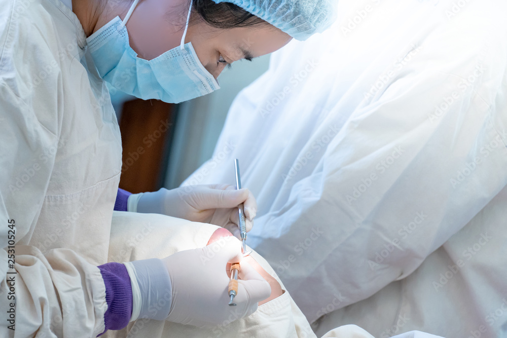 Fototapeta premium Female Asian dentist using dental instruments for examining and curing patient teeth in dental clinic. Dental procedure and medical treatment.
