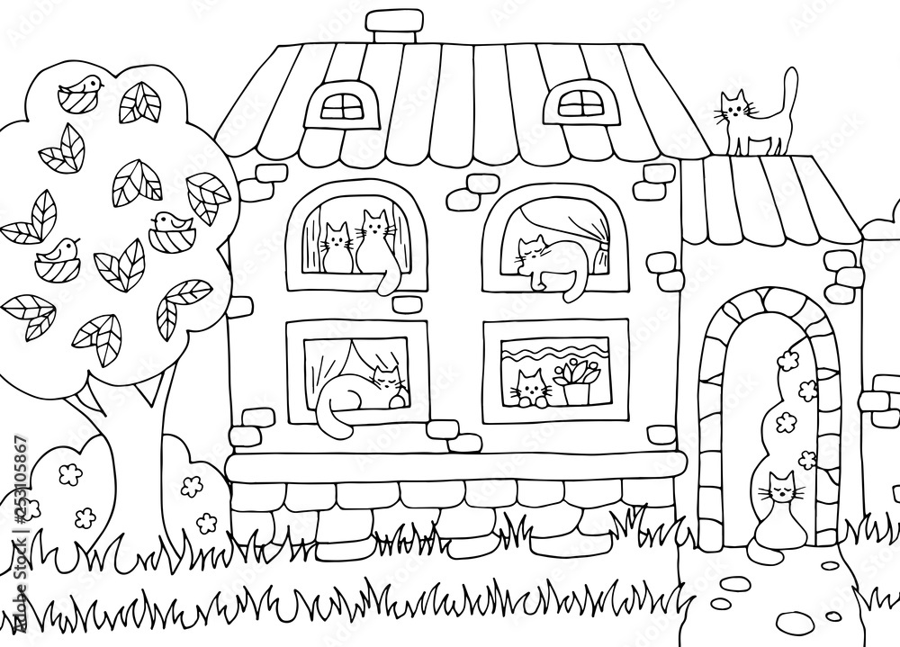 Hand drawn coloring page with house and cats Stock Vector Adobe Stock
