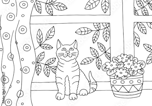 Hand drawn coloring page with a cat on the windowsill