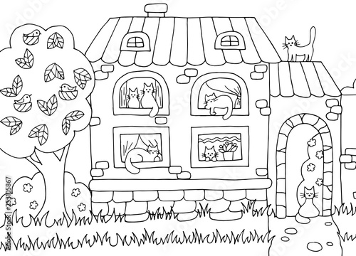 Wallpaper Mural Hand drawn coloring page with house and cats Torontodigital.ca