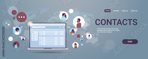 contact list of mix race people social network communication concept laptop select contacts screen chatting messaging computer application world map background horizontal