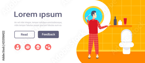 man in pajama brushing teeth rear view guy in home wear looking into mirror bathroom interior male cartoon character flat full length horizontal copy space