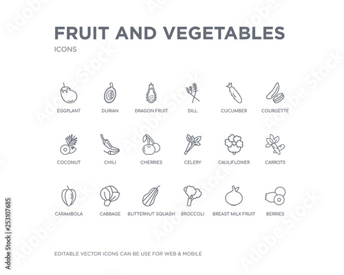 simple set of fruit and vegetables vector line icons. contains such icons as berries, breast milk fruit, broccoli, butternut squash, cabbage, carambola, carrots, cauliflower, celery and more.