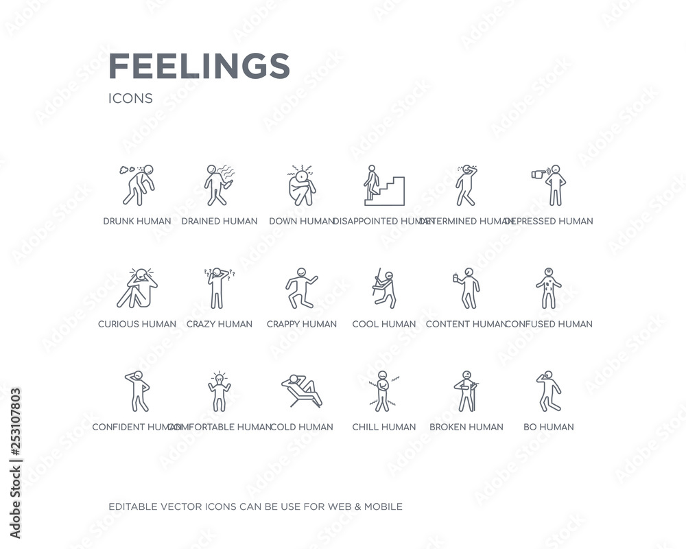 simple set of feelings vector line icons. contains such icons as bo human, broken human, chill human, cold comfortable confident confused content cool and more. editable pixel perfect.