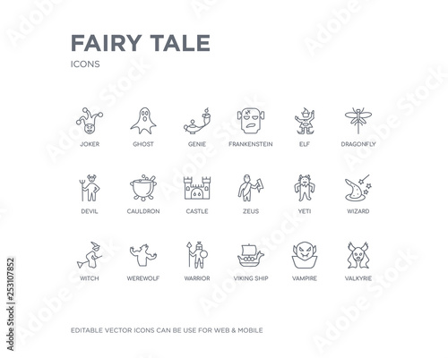 simple set of fairy tale vector line icons. contains such icons as valkyrie, vampire, viking ship, warrior, werewolf, witch, wizard, yeti, zeus and more. editable pixel perfect.