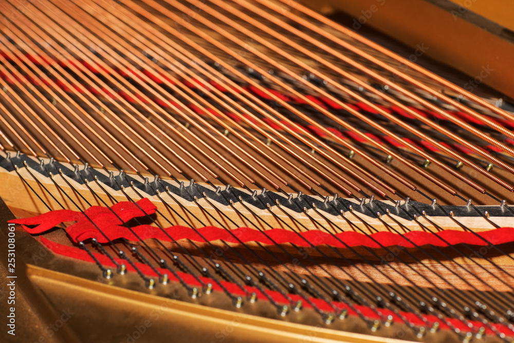 Fototapeta premium Grand piano strings, steel wire core wound with copper wire